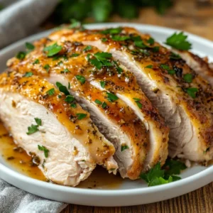 Slow Cooker Turkey Breast sliced on a white plate, garnished with fresh parsley and served with juicy meat slices.