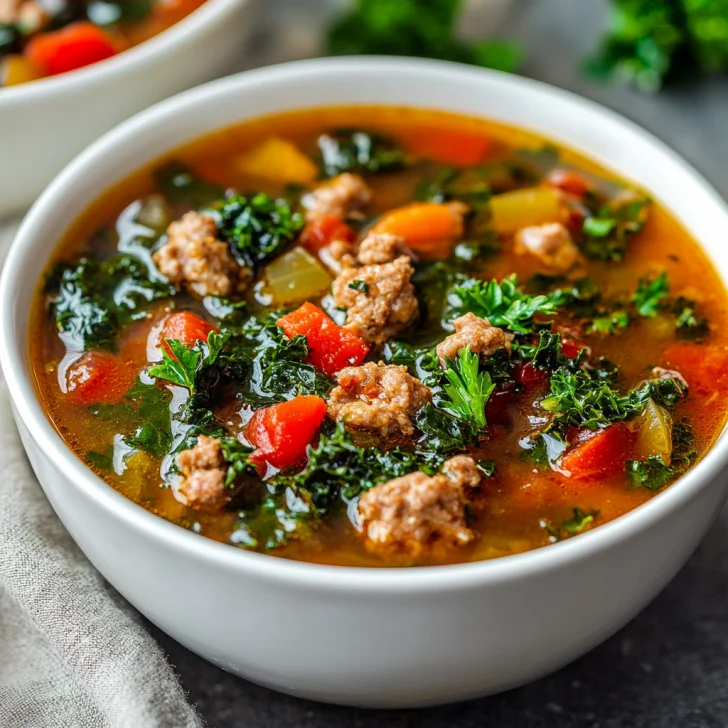 Bowl of Slow Cooker Tuscan Sausage and Kale Soup garnished with parsley and olive oil on a wooden surface