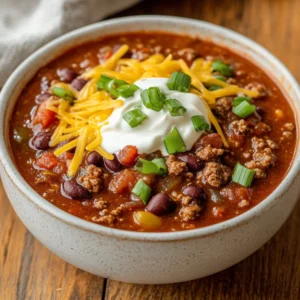 Bowl of Slow Cooker V8 Chili topped with shredded cheese and sour cream, served on a wooden table