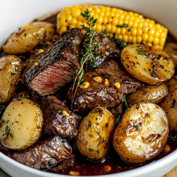 Delicious Steak Potatoes And Corn In Crockpot garnished with thyme, served in a white bowl on a light wooden table