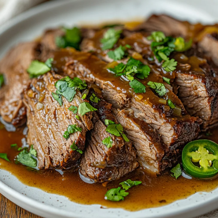 Tender Lone Star pot roast served on a white plate, garnished with cilantro, drizzled with gravy