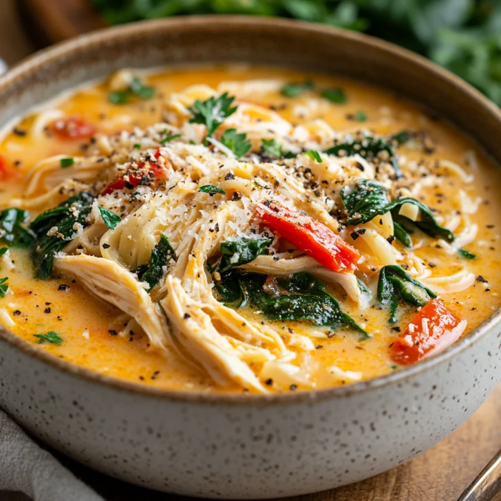 Bowl of Creamy Italian Slow Cooker Chicken Noodle Soup topped with Parmesan cheese and spinach on a rustic wooden table