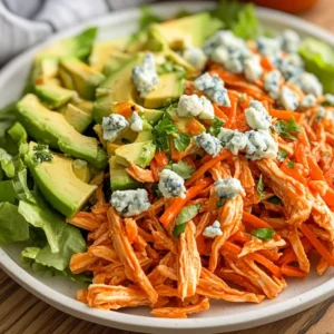 Crockpot Buffalo Chicken Salad on a white plate topped with avocado, carrots, and blue cheese crumbles