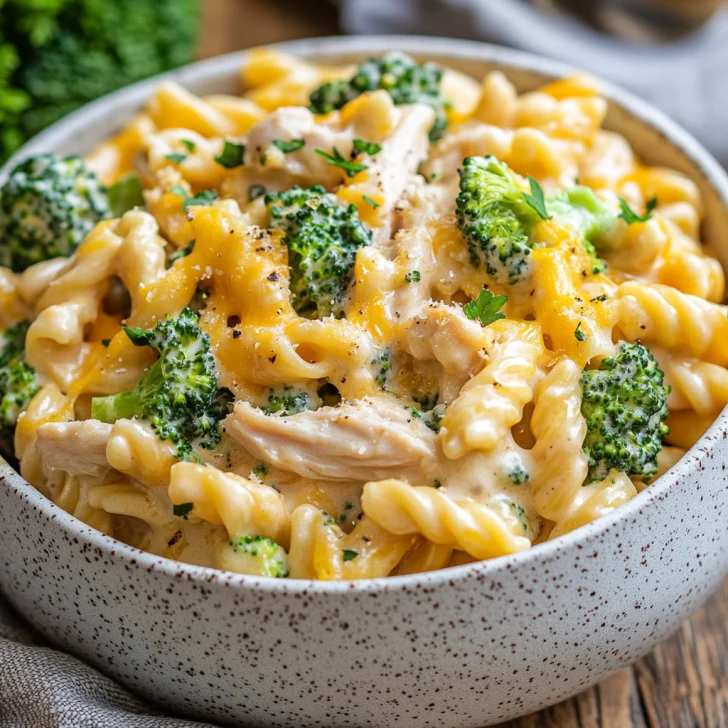 Bowl of Crockpot Chicken Broccoli Pasta topped with grated cheese and parsley on a rustic wooden table