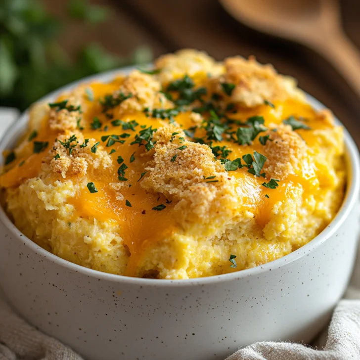 Crockpot Cornbread Pudding in a rustic bowl topped with melted cheese and parsley on a wooden table