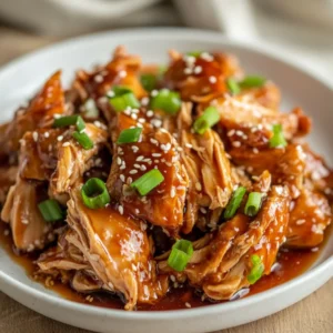 Crockpot Honey Ginger Chicken on a white plate garnished with green onions and sesame seeds