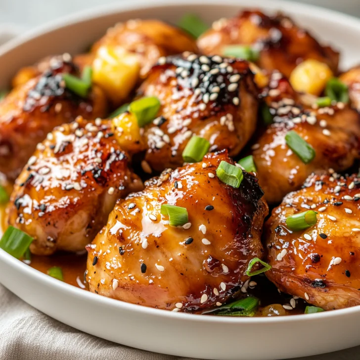 Crockpot Huli Huli Chicken on a white plate with green onions and sesame seeds on top