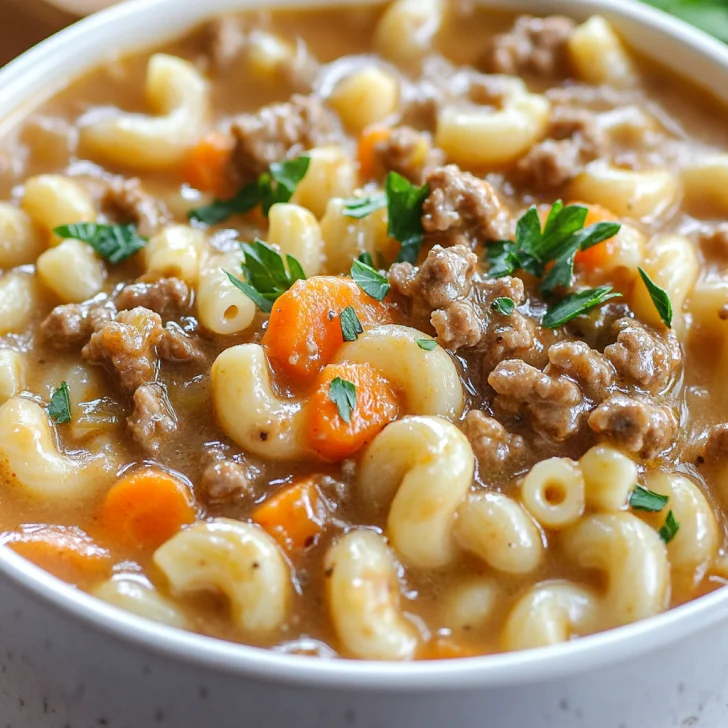 Bowl of Crockpot Macaroni Cheeseburger Soup topped with fresh parsley and melted cheese on a wooden table