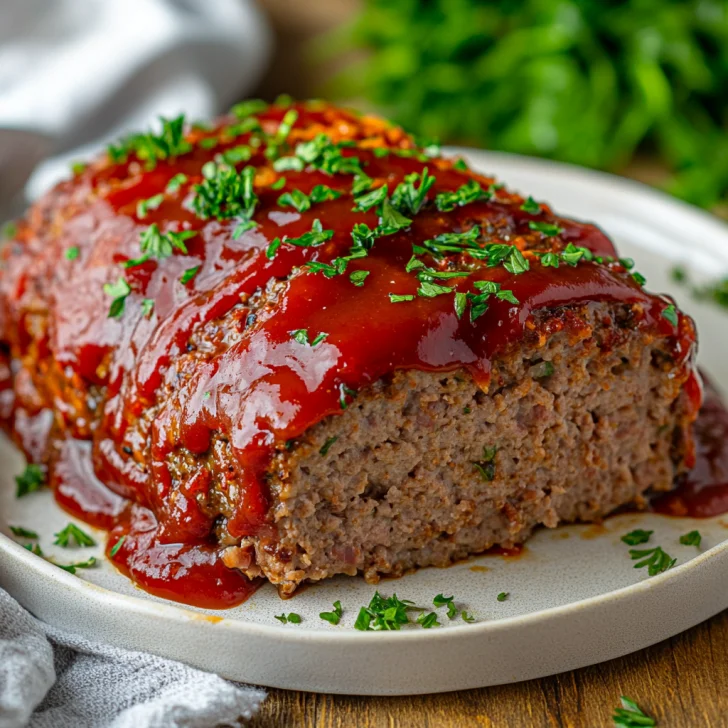 Crockpot Meatloaf without Breadcrumbs garnished with parsley on a white plate with a warm, inviting glow.