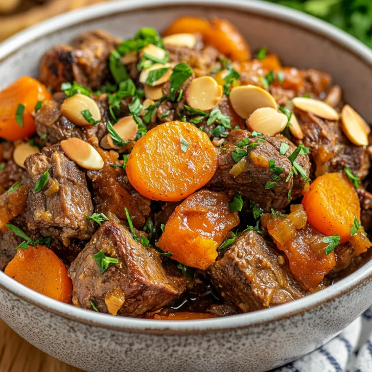 Crockpot Moroccan Lamb Casserole served in a rustic bowl, topped with toasted almonds and fresh parsley