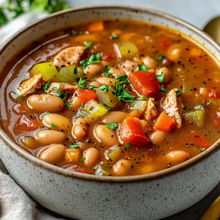 Bowl of Crockpot Smoked Turkey Cajun 15 Bean Soup garnished with fresh parsley on a gray kitchen towel