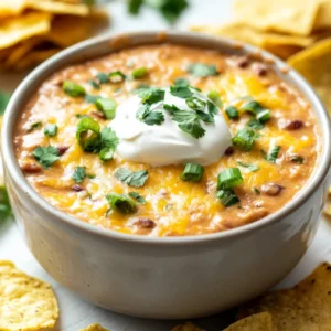 Creamy Crockpot Texas Trash Bean Dip topped with sour cream and green onions in a bowl, served with tortilla chips