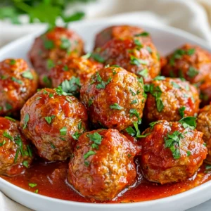 Crockpot Turkey Meatballs on a white plate, garnished with parsley and covered in marinara sauce