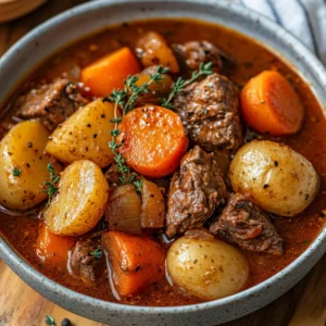 Bowl of Hearty Crockpot Beef And Tomato Stew topped with fresh thyme and black pepper on a wooden table