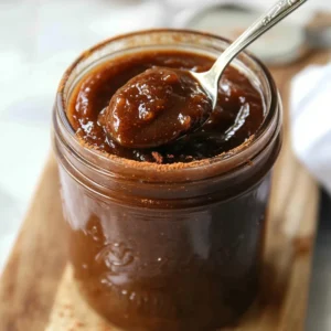 Homemade Crockpot Apple Butter in a mason jar with a spoon, placed on a wooden board, warm and inviting light