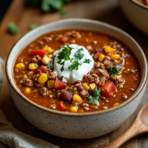 Bowl of kid-friendly crock pot turkey chili topped with sour cream and cilantro on a rustic wooden table