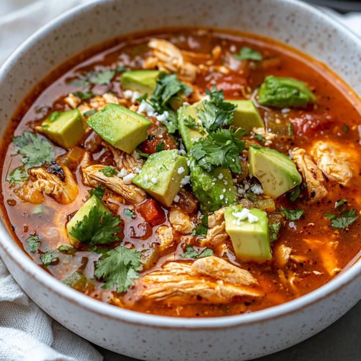 Bowl of Slow Cooker Chipotle Chicken Stew topped with Cotija cheese, avocado, and cilantro on a wooden table