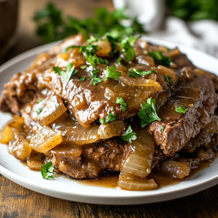 Slow Cooker French Onion Swiss Steak on a white plate topped with parsley, showcasing rich sauce and tender meat