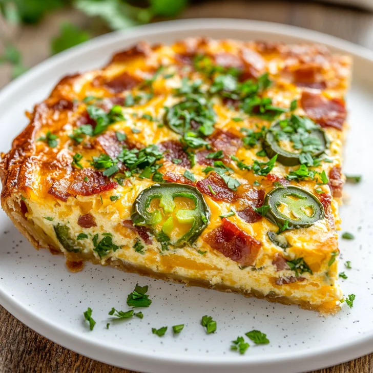 Delicious Slow Cooker Jalapeno Crustless Quiche on a white plate, garnished with fresh herbs and sliced jalapenos