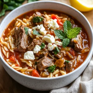 Bowl of Slow Cooker Lamb Orzo Stew topped with feta, fresh mint, and lemon on a rustic wooden table