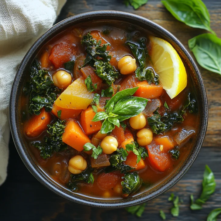 Bowl of Slow Cooker Mediterranean Diet Stew topped with fresh basil and lemon wedges on a wooden table