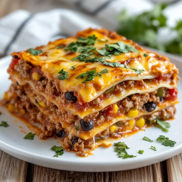 Easy Slow Cooker Mexican Lasagna Casserole Recipe Close-up of Slow Cooker Mexican Lasagna Casserole in a white dish, topped with fresh cilantro and melted cheese