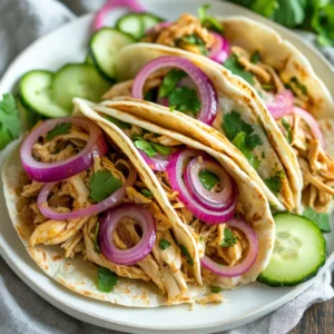Slow Cooker Satay Chicken Wraps on a white plate, garnished with pickled onions and cilantro