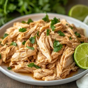 Plate of Zesty Crockpot Shredded Chicken garnished with parsley and lime wedges on a light wooden table
